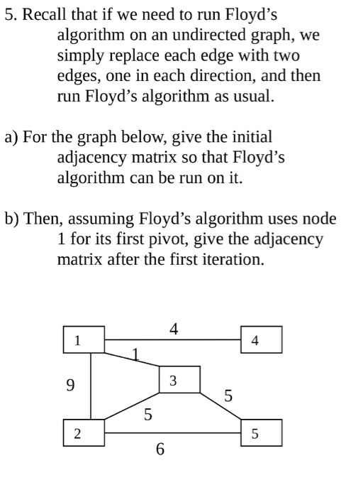 5. Recall that if we need to run Floyds algorithm on an undirected graph, we simply replace each edge with two edges, one in each direction, and then run Floyds algorithm as usual. a) For the graph below, give the initial adjacency matrix so that Floyds algorithm can be run on it. b) Then, assuming Floyds algorithm uses node 1 for its first pivot, give the adjacency matrix after the first iteration. 4 4 3 6