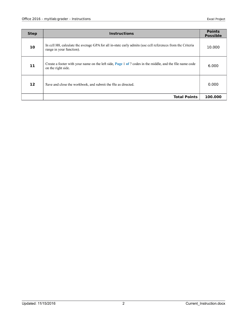Office 2016 myitlab:grader Instructions Excel Project Points Possible Step Instructions In cell H8, calculate the avcragc GPA
