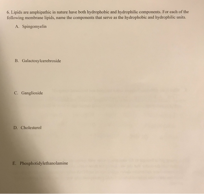 Solved 6 Lipids Are Amphipathic In Nature Have Both Hydr Chegg Com