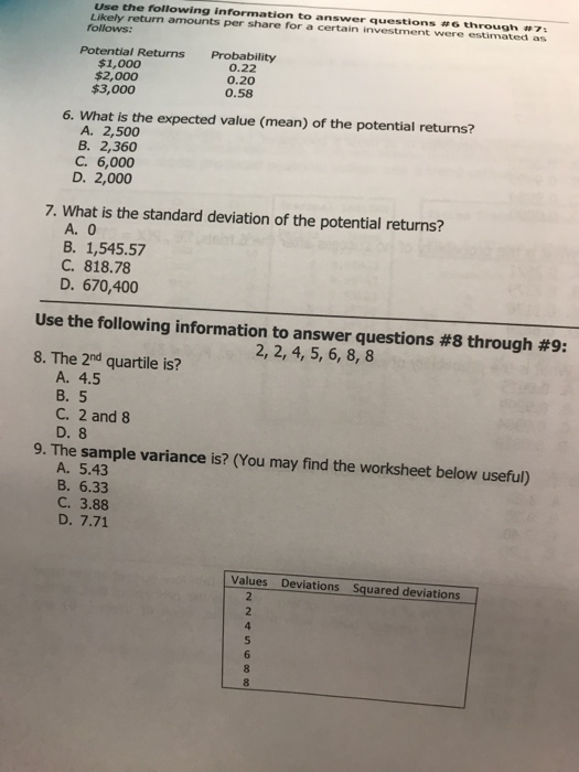 Use The Following Information To Answer Questions 6 Chegg 