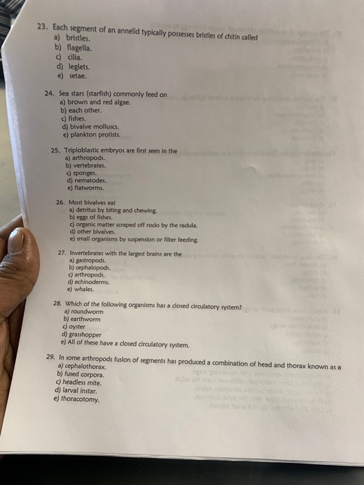 Solved 23 Each Segment Of An Annelid Typically Possess B