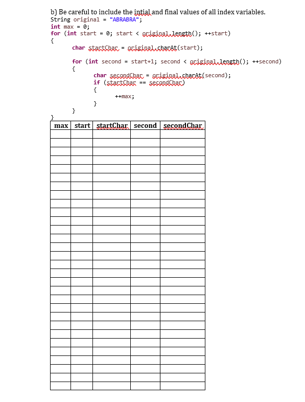 b) Be careful to include the intial and final values of all index variables. String originalABRABRA int max = 0; for (int s