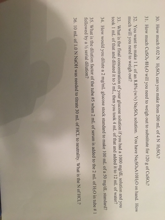 Solved 30 How Much 0 02 N H2so2 Can You Make From 200 Ml Chegg Com