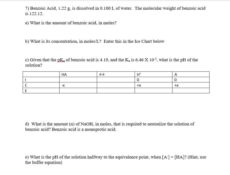 Solved 7 Benzoic Acid 1 22 G Is Dissolved In 0 100 L O Chegg Com