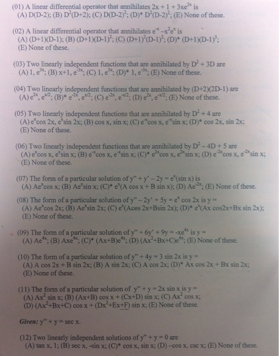 Solved 01 A Linear Differential Operator That Annihilat Chegg Com