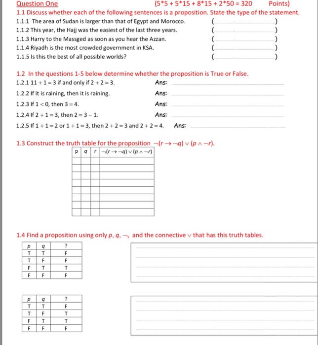 (5*5 + 5*15 + 8*15 + 2*50 320 Points) ue 11 Discuss whether each of the following sentences is a proposition. State the type of the statement. 1.1.1 The area of Sudan is larger than that of Egypt and Morocco 1.1.2 This year, the Hajj was the easiest of the last three years. 1.1.3 Harry to the Massged as soon as you hear the Azzan. 1.1.4 Riyadh is the most crowded government in KSA. 1.1.5 Is this the best of all possible worlds? 1.2 In the questions 1-5 below determine whether the proposition is True or False 1.2.1 

<div class=