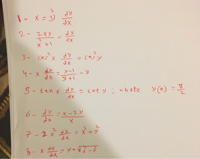 2 dx dy. Dy/DX+Y/X -XY 2. Dy/DX-2y/x+1=(x+1)^2. D2y/dx2=0. (1+Y)DX=(X-1)dy.