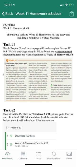 12:57 < Back Week 11 Homework #8.docx CMPR100 Week 11 Homework #8 There are 2 Tasks to week 1 1 Homework #8, the essay and bu