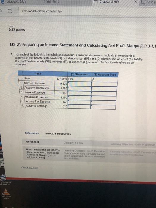 Start Chapter 3 HW × Studer e Microsoft Edge ezto.mheducation.com/hm.tpx value 0.42 points M3-21 Preparing an Income Statement and Calculating Net Profit Margin [LO 3-1, 1. For each of the following items in Kabletown Incs financial statements, indicate (1) whether it is reported in the income statement (/S) or balance sheet (B/S) and (2) whether it is an asset (A), liability (L), stockholders equity (SE), revenue (R), or expense (E) account. The first item is given as an example. (1) Statement (2) Account T Cash 1. Service Revenue 2. Accounts Receivable 3. Interest Expense 4. Uneamed Revenue 5. Income Tax Expense 6. Retained Earmings 1,830 BS 9,300 1,850 760 1,150 440 310 References eBook & Resources Difficulty 1 Easy Leaming Objective 03-01 Describe select appropriate income s Worksheet M3-21 Preparing an Income net Statement and Caiculating Net Profit Margin [LO3-1, LO 3-4, LO 3-5 common operating transactions and account tites Check.my.wok