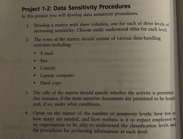 Project 1-2: Data Sensitivity Procedures In this project you will develop data sensitivity procedures. 1. Develop a matrix wi