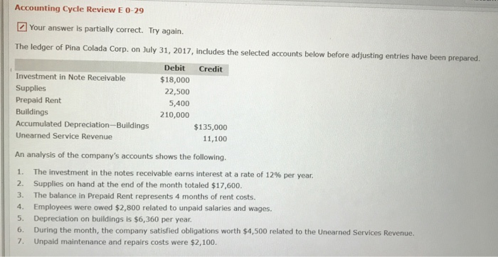 Accounting Cycle Review E 0-29 Your answer ls partially correct. Try again. includes the selected accounts below before adjusting entries have been prepared. Debit Credit Investment in Note Receivable Supplies Prepaid Rent Buildings Accumulated Deprecilation-Buildings Unearned Service Revenue $18,000 22,500 5,400 210,000 135,000 11,100 An analysis of the companys accounts shows the following. I. The investment in the notes receivable earns interest at a rate of 12% per year. 2. Supplies on hand at the end of the month totaled $17,600. 3. The balance in Prepaid Rent represents 4 months of rent costs. 4. Employees were owed $2,800 related to unpaid salaries and wages. 5. Depreciation on buildings is $6,360 per year 6. During the month, the company satisfied obligations worth $4,500 related to the Unearned Services Revenue. 7. Unpaid maintenance and repairs costs were $2,100.