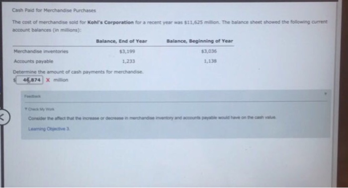 Cash Paid for Merchandise Purchases The cost of merchandise sold for Kohls Corporation for a recent year was $11,625 million. The balance sheet showed the following current account balances (in miltions): Balance, End of Year Balance, Beginning of Year 3,199 1,233 $3,036 Accounts payable 138 Determine the amount of cash payments for merchandise. 4 X million Consider the afflect that the increase or dearease in merchandise inventy and accounts payabe would have on trhe canh vaiue Leaming Orjective