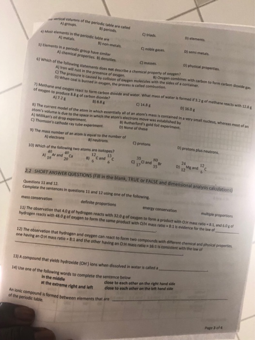 Solved Cofumns Of The Periodic Table Are Caled Al Groups