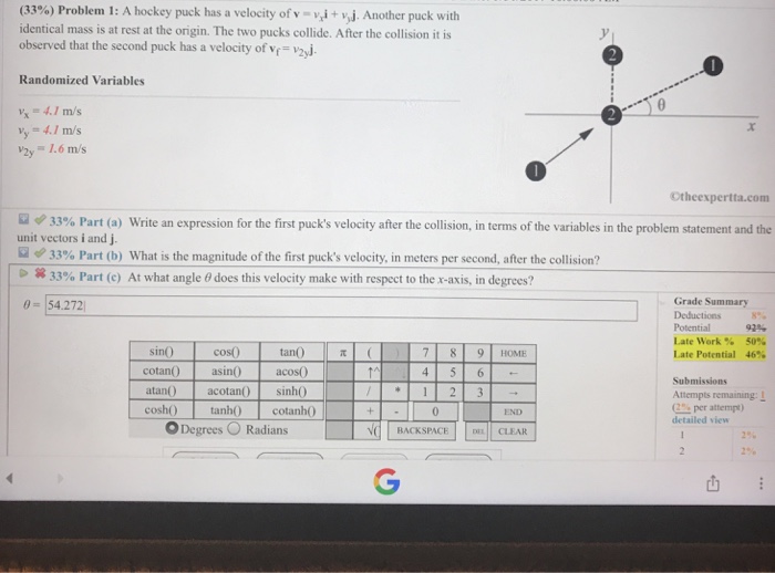 Solved 33 Problem 1 A Hockey Puck Has A Velocity Of V Chegg Com