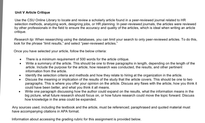 Unit V Article Critique Use The Csu Online Library To Chegg Com