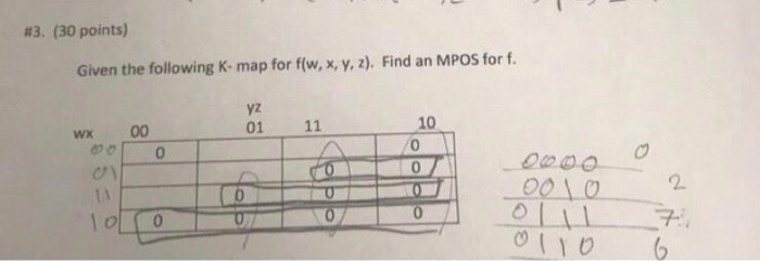#3. (30 points) Given the following K- map for f(w, x, y. 2). Find an MPOS for f yz 01 10 0 0 11 wx 00 0