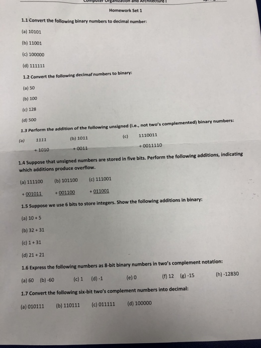 Solved Homework Set 1 Convert The Following Binary Nu Homework Set 1 Convert The Following Binary Numbers To Decimal Number A 10101