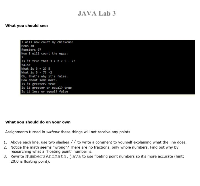 JAVA Lab 3 What you should see: I will now count my chickens: Hens 38 Roosters 97 Now I will count the eggs Is it true that 3