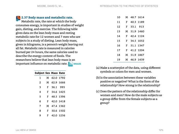 MOORE, DAVID S.; M.. INTRODUCTION TO THE PRACTICE OF STATISTICS 2.37 Body mass and metabolic rate Metabolic rate, the rate at
