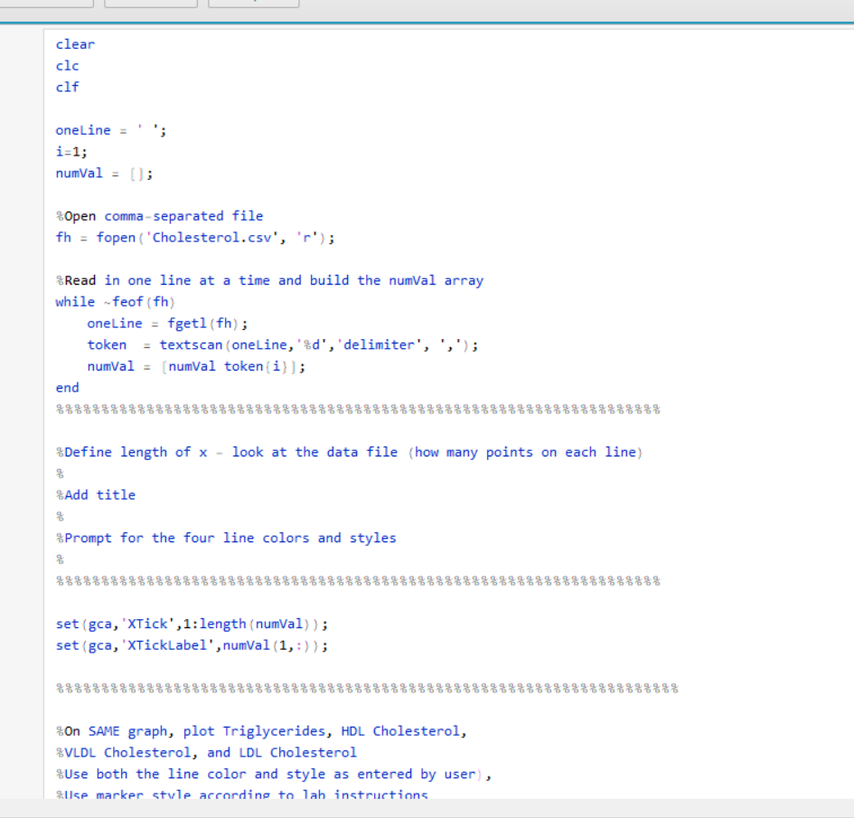 clear clc clf oneLine . i-1; Open comma-separated file fhfopen ( Cholesterol.csv, r Read in one line at a time and build th