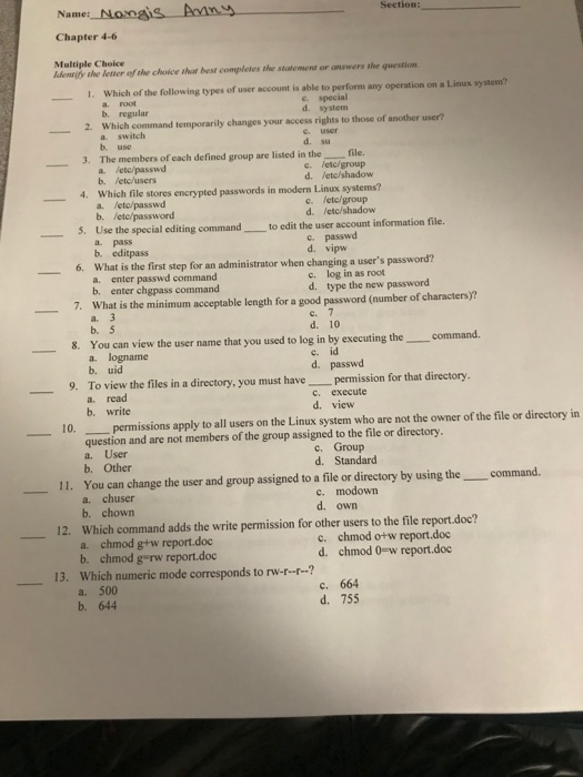 Section: Name: Chapter 4-6 Multiple Choice denit the letter of the choice that best completes the statement or answers the qu