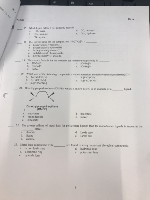 Solved Alt Ctrl Name Id A Which Ligand Below Is Not Cor Chegg Com