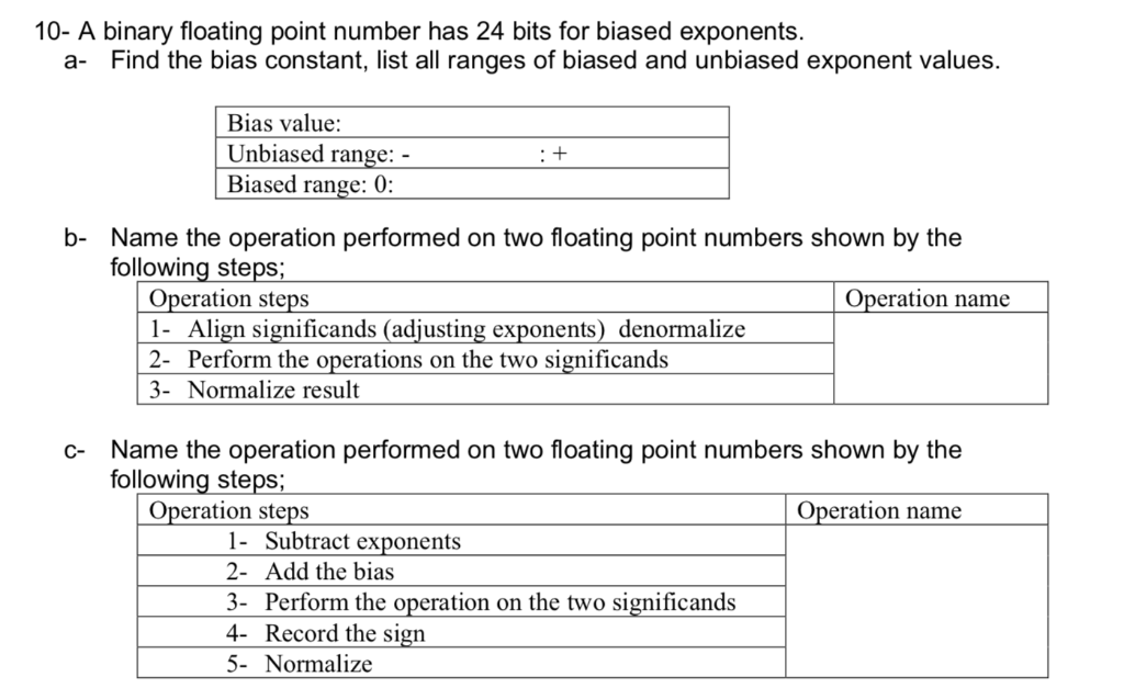 10- A binary floating point number has 24 bits for biased exponents. Find the bias constant, list all ranges of biased and un