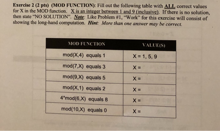 Exercise 2 (2 pts) (MOD FUNCTION): Fill out the following table with ALL correct values for X in the MOD function. X is an integer between 1 and 9 (inclusive). If there is no solution, then state NO SOLUTION. Note: Like Problem #1, Work for this exercise will consist of showing the long-hand computation. Hint: More than one answer may be corredt. MOD FUNCTION mod(X,4) equals 1 mod(7,X) equals 3 mod(9,X) equals 5 mod(X,1) equals 2 4mod(6,X) equals 8 mod(10,X) equals 0 VALUE(S) X- 1, 5, 9