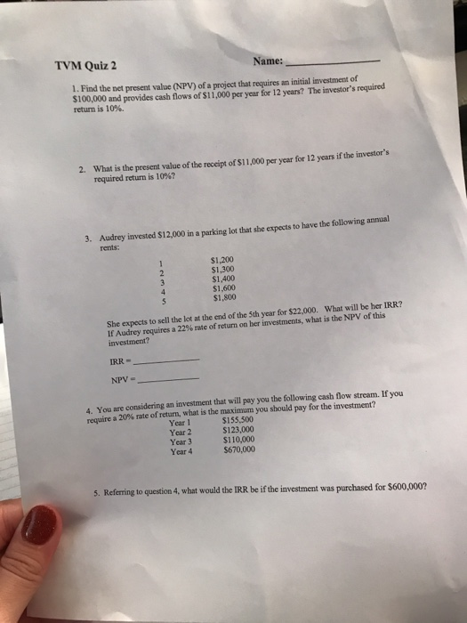 Solved Tvm Quiz 2 Name 1 Find The Net Present Value Np Chegg Com