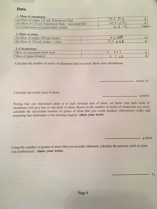 Solved Mass Of Aluminum A Mass Of Empty 125 Ml Erlenmeye Chegg Com