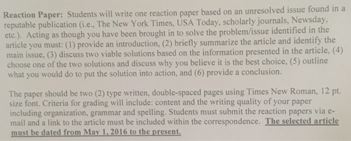 Reaction Paper Students Will Write On Reaction Paper Chegg Com