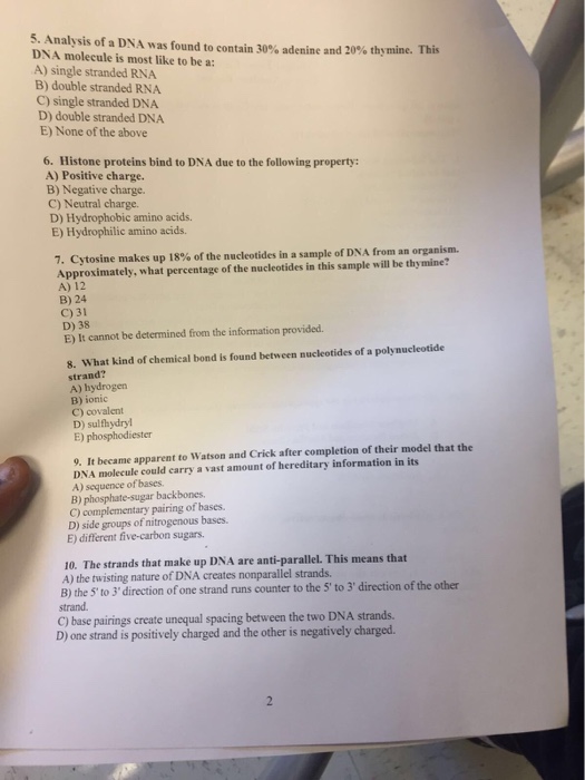 Solved 5 Analysis Of A Dna Was Found To Contain 30 Adenine Chegg Com