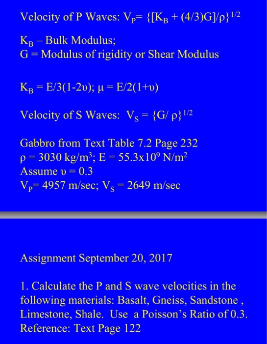 Solved Velocity Of P Waves Vp Kb 4 3 G P 12 Kr Bulk Mo Chegg Com