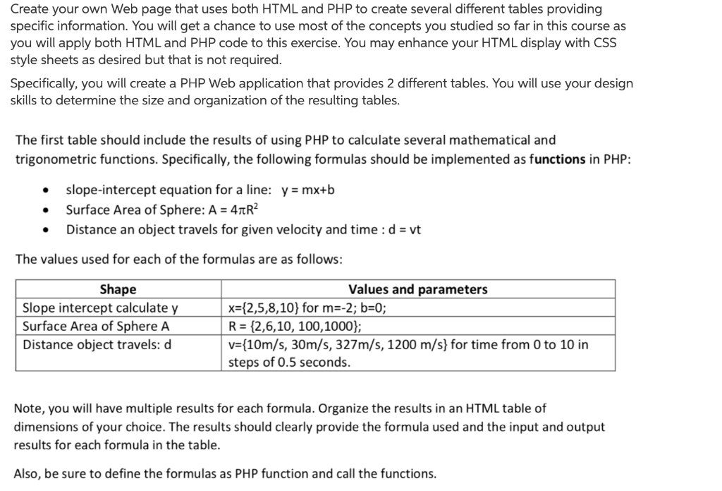 Create your own Web page that uses both HTML and PHP to create several different tables providing specific information. You w