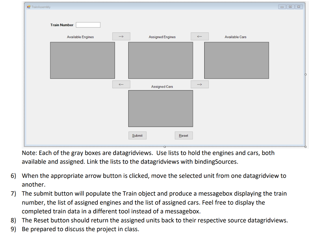 Train Number Available Engines Assigned Engines Available Cars Assigned Cars Reset Submit Note: Each of the gray boxes are da