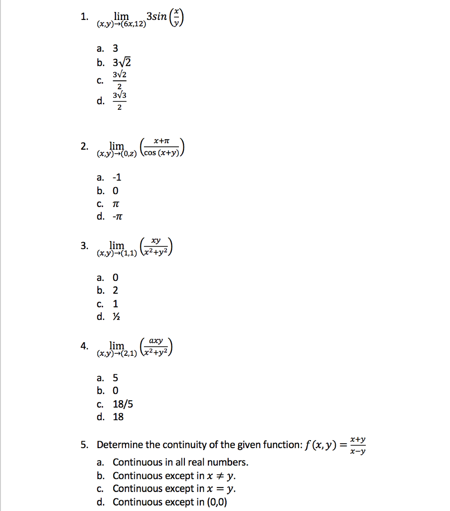 Solved Lim 3sin X Y 6x 12 B Zug C D 3v2 3v3 2 Im Chegg Com