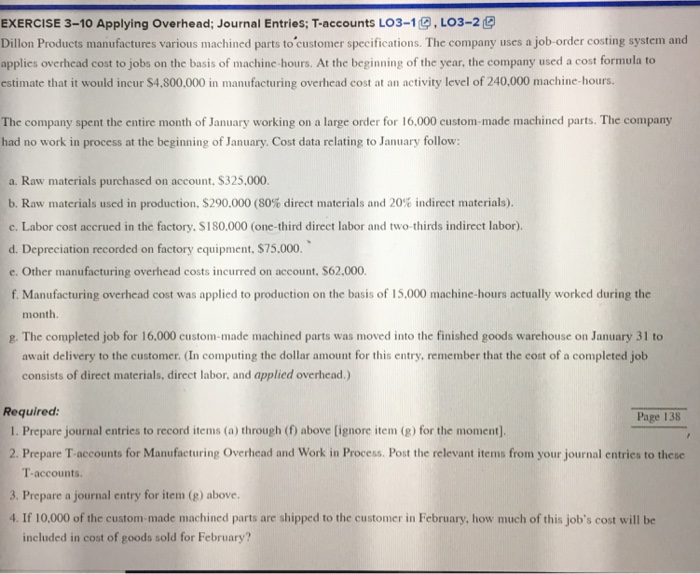 Solved EXERCISE 3-10 Applying Overhead; Journal Entries; | Chegg.com
