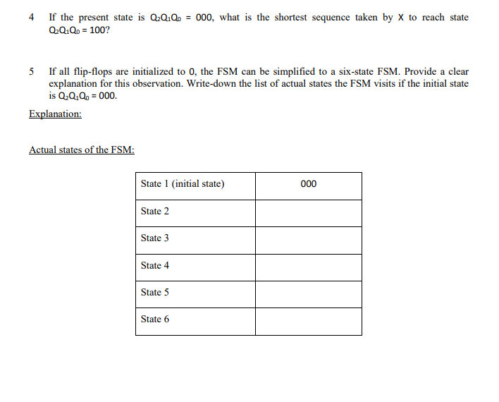 4 If the present state is Q2Q Qo -000, what is the shortest sequence taken by X to reach state Q201Qo-100? 5 If all flip-flop