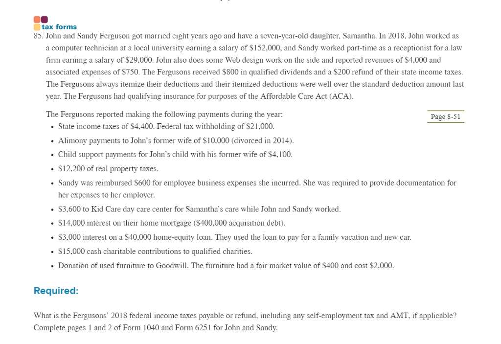 Tax Forms 85 John And Sandy Ferguson Got Married Chegg Com