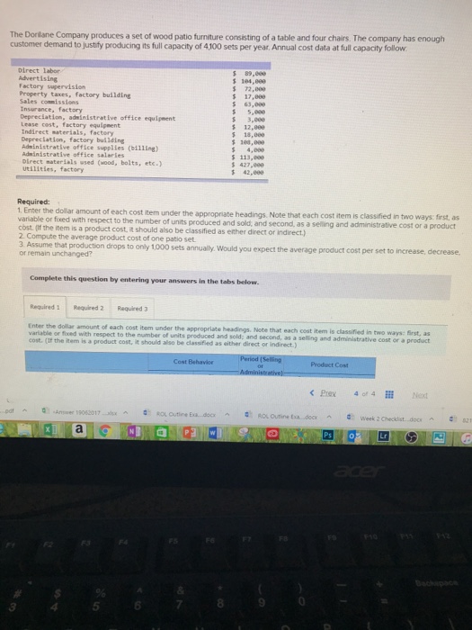 The dorilane company produces a set of wood patio furniture consisting of a table and four chairs. the company has enough customer demand to justify producing its full capacity of 4100 sets per year. annual cost data at full capacity follow direct labor advertising factory supervision property taxes, factory building sales commissions insurance, factory depreciation, adeinistrative office equipment lease cost, factory equipment indirect materials, factory depreciation, factory building 89,00e $ 72,000 17,00e 63,00e $ 5,e8e ,000 12,000 5 18,000 s 188,0 in1 strative office supplies (billing) administrative office salaries direct materials used (wood, bolts, etc.) utilities, factory 113,00e 427,00e 542,00e required: 1. enter the dollar amount of each cost item under the appropriate headings note that each cost item is classified in two ways first, as respect to the number of units produced and sold, and second, as a selling and administrative cost or a product variable or fixed with respect to the number of units cost. (if the 2 compute the average product cost of one patio set. 3 assume that production drops or remain unchanged? item is a product cost.?should also be classified as either direct or indirect.) to only 1000 sets annually would you expect the average product cost per set to increase, decrease complete this question by entering your answers in the tabs below. required 1 required 2 required 3 enter the dollar amount of each the appropriate cost. (if the item is a product cost, it should also be classified as either direct or cost item under the appropriate headings. note that each cost item is classified in two ways: birst, as as a selling and administrative cost or a product cost behavior product cost 9062017 al rol cutine exa..docxrol ? 5 6 8