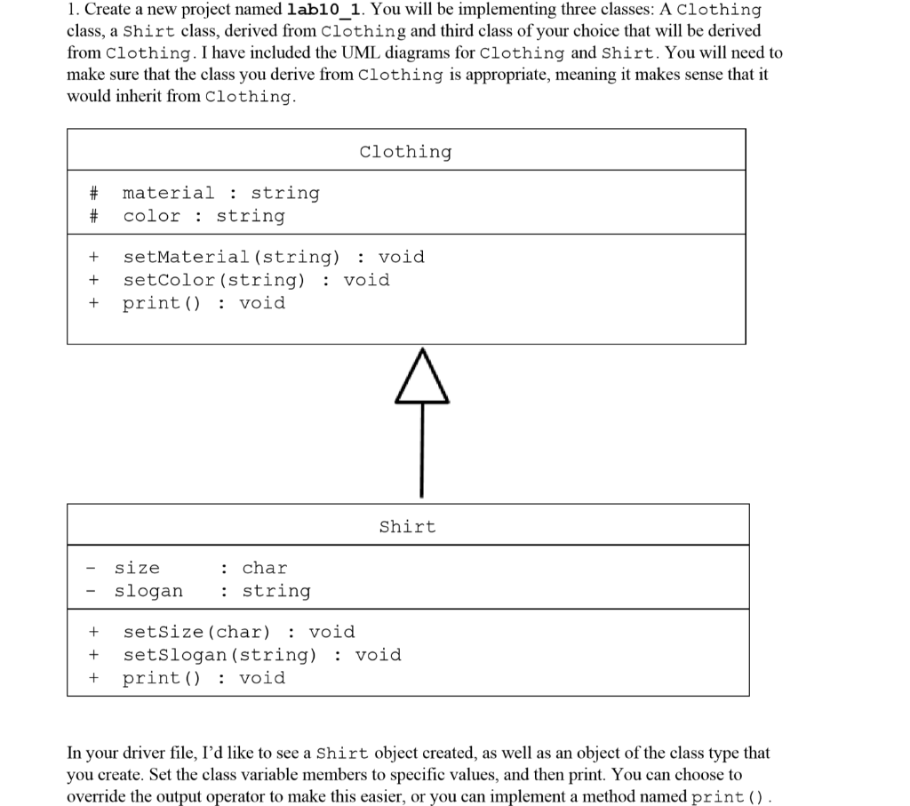 1. Create a new project named lab10_1. You will be implementing three classes: A Clothing class, a Shirt class, derived from