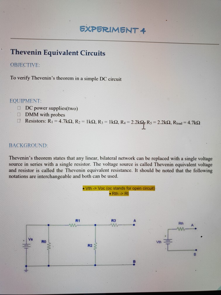 Experiment 4 Thevenin Equivalent Circuits Objective Chegg 