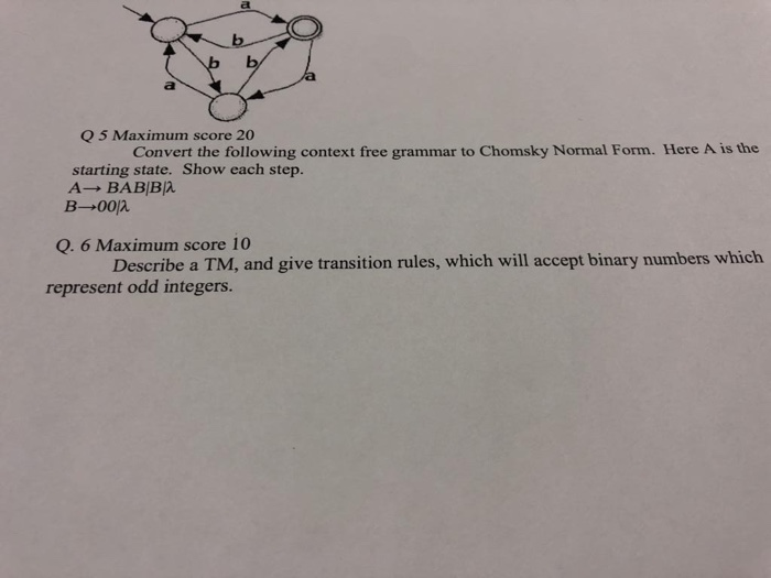el Q5 Maximum score 20 Convert the following context free grammar to Chomsky Normal Form. Here A is the starting state. Show