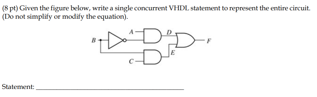 (8 pt) Given the figure below, write a single concurrent VHDL statement to represent the entire circuit. (Do not simplify or