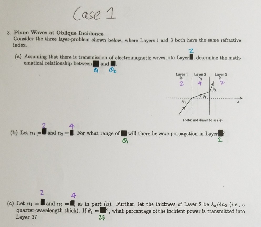 Case 1 3. Plane Waves at Oblique Incidence Consider the three layer-problem shown below, where Layers 1 and 3 both have the same refractive index. (a) Assuming that there is transmission of electroimagnetic waves into Layer, determine the math- ematical relationship between and 0% Layer 1 Layer 2 Layer 3 2 4 0, (note: not drawn to scale) (b) Letni.landn2-1 For what range of.will there bewave propagation in layer2. 2 4 (e) Let n and 2as in part (b). Further, let the thickmess of Layer 2 be Ao/4n2 (i e, a , what percentage of the incident power is transmitted into quarter-wavelength thick). If θ,- Layer 3? 25