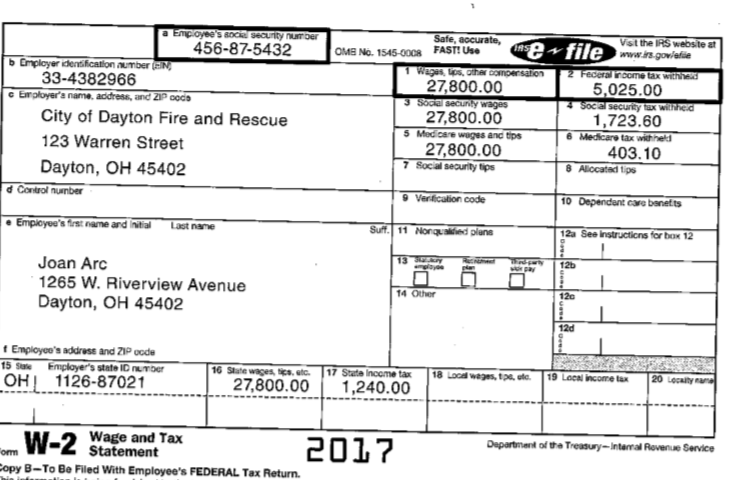 Safe, accurate, 456-87-5432 omb no. 1545-0008 fast!use efile 33-4382966 city of dayton fire and rescue 23 warren street dayton, oh 45402 27800.00 5,025.00 1,723.60 403.10 employers name, acdress, and 21p oods 27,800.00 5 medcare wages and tps 27,800.00 7 social seaurity tps d control number 9 verfication code employees first name and initial last name suff 11 nonquaided plane 2a see instructicns for box 12 joan arc 1265 w. riverview avenue dayton, oh 45402 14 other 120 12d f employees address and z1p oode 15se employes state id numoer 16 state 17 state noorme tax 1,240.00 | 18-od ??! 1126-87021 wages%s, etc. 27,800.00 wage and tax l statement department of the treasury-intenal rovenue 2017 service opy b-to be filed with employees federal tax return.