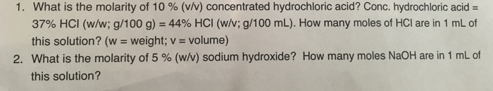 Solved What Is The Molarity Of 10 V V Concentrated Hy Chegg Com