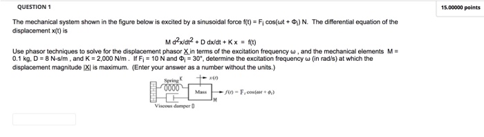 QUESTION 1 15.00000 points The mechanical system shown in the figure below is excited by a sinusoidal force f -Fi cos at + ?:) N. The differential equation of the displacement xt) is Md2xidt2 + D dx/dt + Kx=1(t) Use phasor techniques to solve for the displacement phasor Xin terms of the excitation frequency w, and the mechanical elements M 0.1 kg. D = 8 N-sim , and K = 2,000 N/m . If Fi 10 N and Di = 30., determine the excitation frequency ? (in radis) at which the displacement magnitude |XI is maximum. (Enter your answer as a number without the units.) x(0 Spring Viscous damper