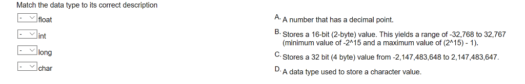 Match the data type to its correct description A number that has a decimal point. float B. Stores a 16-bit (2-byte) value. Th