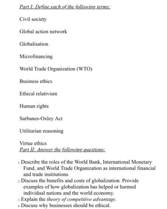Solved Part I Define Each Of The Following Terms Civil